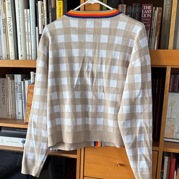 KULE Beige Plaid Cardigan with Multicolor Trim - Picture 5 of 7